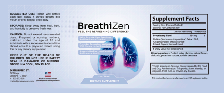 BreathiZen oral spray supplement label with 11 active ingredients